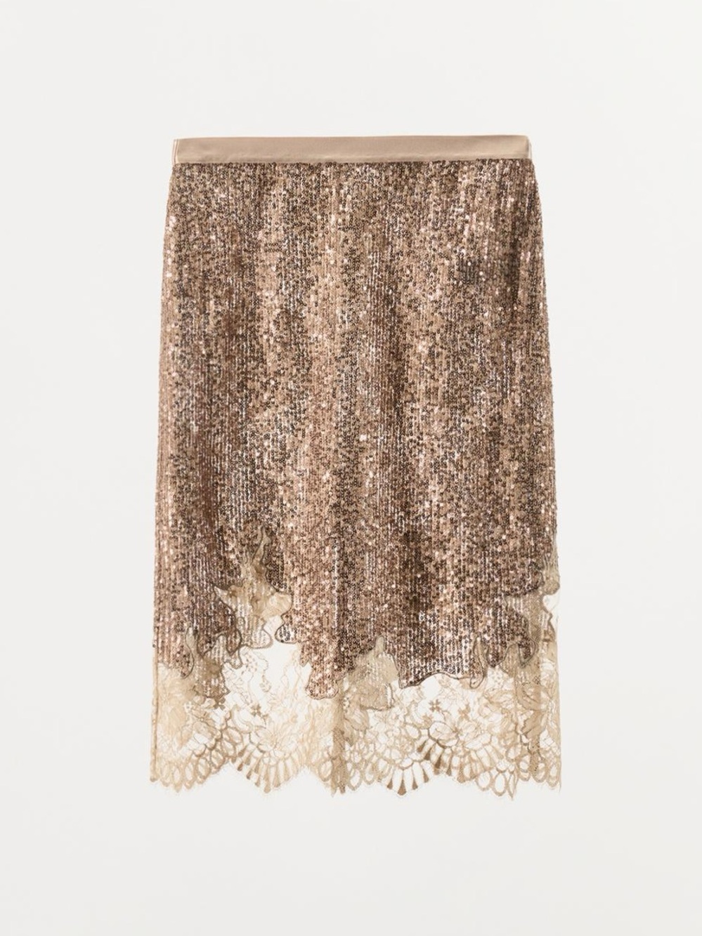 SEQUIN LACE SKIRT
Zara Gold Sequin Midi Skirt with Lace Hem